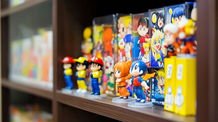 Colorful Anime and Manga Collection of Figurines on a Neatly Stacked Shelf