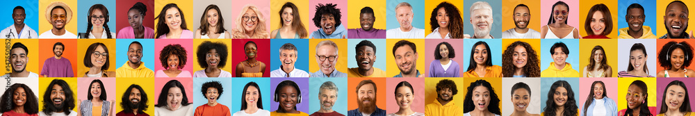 Poster A lively collection of diverse faces captured in portraits, highlighting a range of joyful expressions. This colorful collage celebrates diversity and unity in a bright, isolated background.