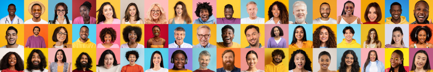 A lively collection of diverse faces captured in portraits, highlighting a range of joyful...