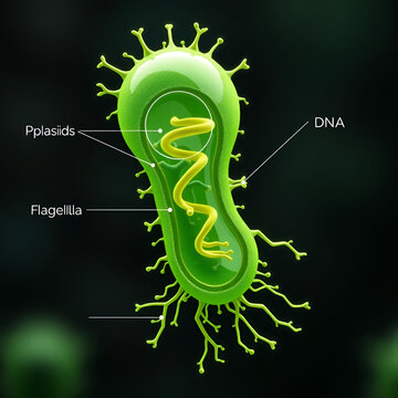 Structure of a bacterium: plasmids ribosomes DNA flagella.