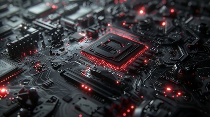A cpu on a motherboard in the darkness, showcasing electronic engineering