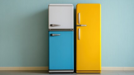 Vibrant retro refrigerators in a modern kitchen setting with a pastel blue wall and tiled floor