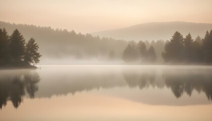Fototapeta premium A tranquil lake scene at dawn, shrouded in mist, with trees and hills forming a beautiful backdrop.