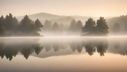 Fototapeta premium A tranquil lake scene featuring a misty morning with reflections of trees and calm waters.