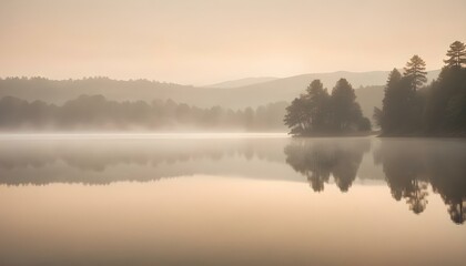 A beautiful sunrise over a misty lake, creating a peaceful and reflective scene with trees.