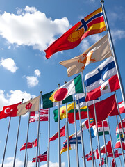 Flags of many countries vawing in the wind with blue sky and white clouds. for political, international trade, relationship concepts, international crisis, NATO organization,
