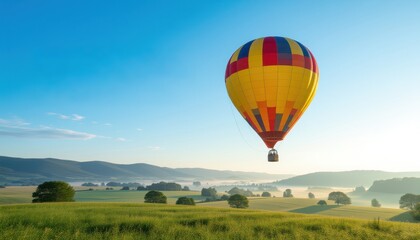 Fototapeta premium A hot air balloon floating in a clear blue sky, featuring an area for text.