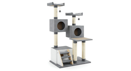 Modern multi-level cat tree and activity center in stylish grey, white, and beige, isolated on a clean white background