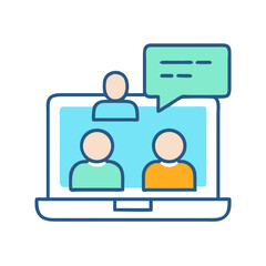 Online meeting icon, laptop and people talking virtually