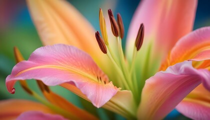 Fototapeta premium A close-up shot captures the beauty of a vibrant pink and orange lily in full bloom.