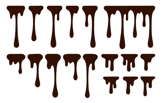 Big set of hand drawn long drip of chocolate, glaze, milk, ice cream, gelato, syrup. Contour, silhouette of dripping drop from cake, dessert, isolated on white background in flat style. Vector EPS10
