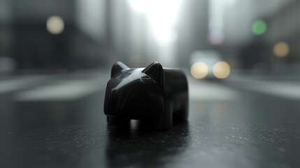 Obraz premium Black cat figurine city street.