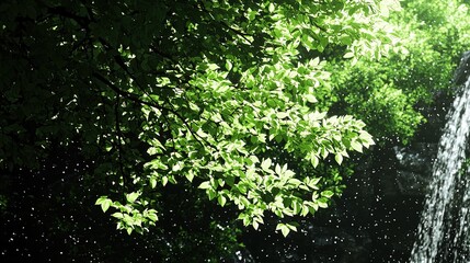 Waterfall with lush leaves, and sunlight.