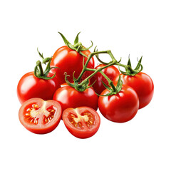 Fresh red tomatoes with half and sliced tomatoes on a pure white background, red fresh tomatoes, half and slices tomato isolated