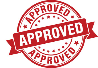 Red approved stamp with stars and ribbon banner