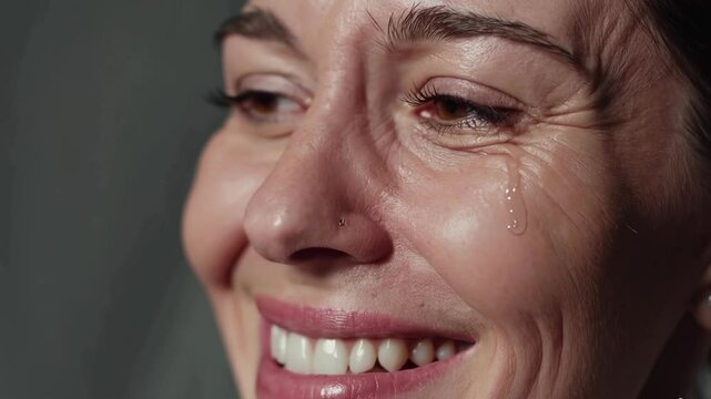 Mature woman smiling with tear on cheek, concept of bittersweet emotion, vulnerability and strength
