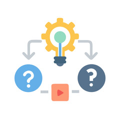 Obraz premium Problem solving process with gear, lightbulb, questions, and video