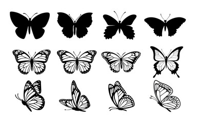 A clean vector set of butterfly butterfly silhouettes in various poses on a clean white background vector style