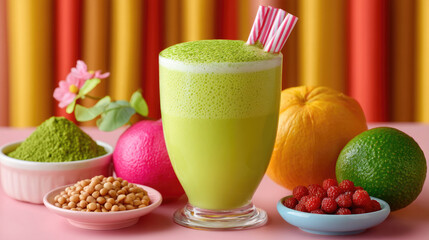 Refreshing green smoothie with fruit and nuts