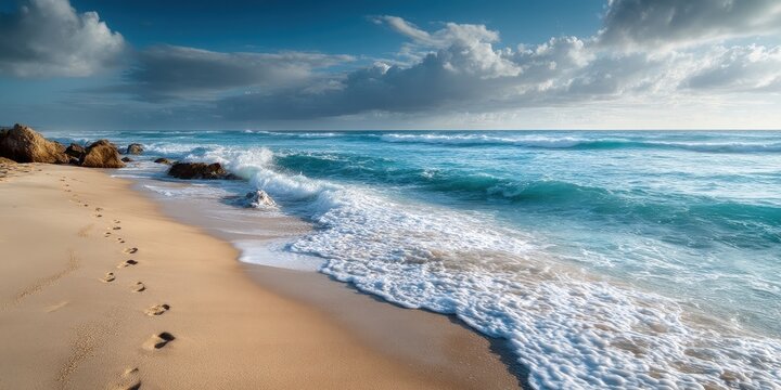 Coastal scene with footprints on a sandy shore.
