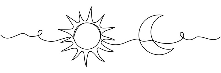 Sun and moon continuous line drawing. Vector illustration isolated on white.