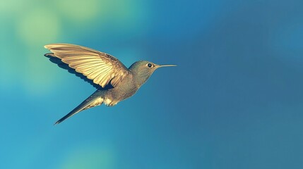 Fototapeta premium Hummingbird in flight with blue sky.