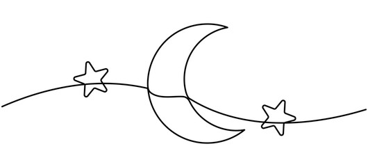 Moon with stars continuous line drawing. Arabic symbol. Vector illustration isolated on white.