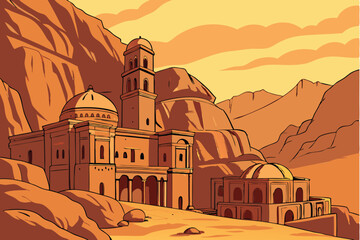 9 a beautiful ancient village nestled in the mountains, golden sandstone houses and domed structures, mysterious medieval architecture, glowing sunset colors, dramatic rocky terrain, intricate details