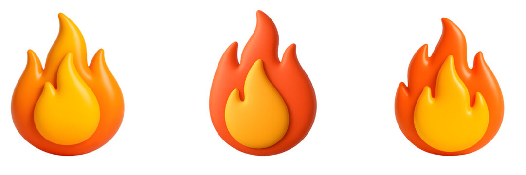 Vibrant 3D Fire Emoji Icons isolated on transparent background , Digital Graphics and Design Elements, Cartoon icon plastic style 