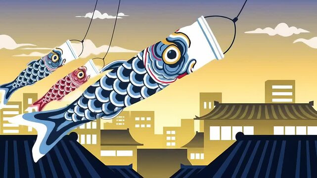Koinobori Carp Streamers Over Japanese Cityscape