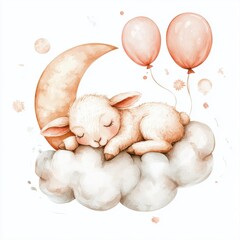 Fototapeta premium Watercolor Lamb Sleeping on Cloud with Balloons, Baby Nursery Decor