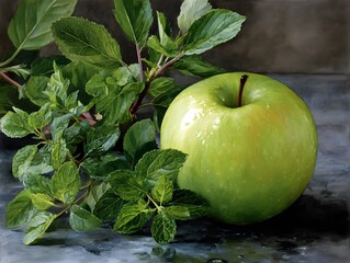 Still Life Composition: A vibrant green apple sits alongside a sprig of fresh mint against a moody backdrop, creating a harmonious composition that appeals the sense of freshness and simplicity.
