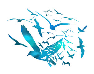 Obraz premium Flying blue birds silhouettes on white background. Vector illustration. isolated bird flying. tattoo design