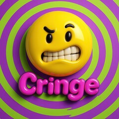3D cringe emoji face with text on vibrant purple and green spiral background, concept of awkwardness and internet humor