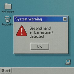 Retro computer warning popup with second hand embarrassment detected message on vintage desktop, concept of digital humor and awkward moments