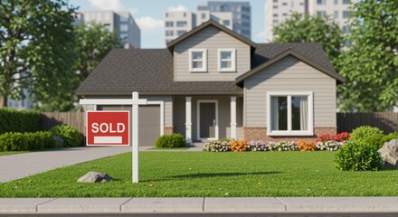 Charming suburban house with a sold sign in the front yard, surrounded by vibrant flowers and lush greenery