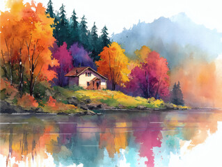 Fototapeta premium Beautiful watercolor painting of a lakeside cabin with vibrant autumn foliage and reflections.