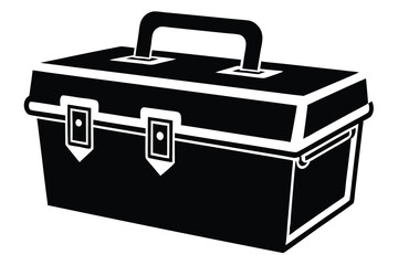 Isolated black and white showing a closed toolbox with a handle