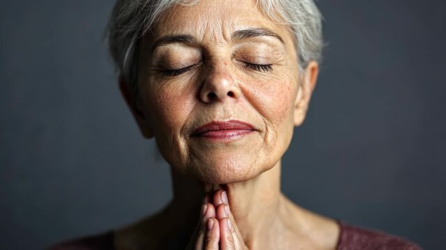 A woman is praying and looking at the camera. She is smiling and she is in a peaceful state of mind