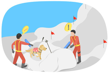 3D Isometric Flat  Illustration of Avalanche Rescue, Lifesavers Digging a Person out of Snow