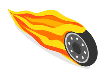 3D Isometric Flat  Illustration of Fast Car Wheel, Burning Rubber, A Tire On Fire