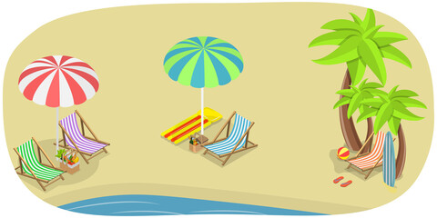 3D Isometric Flat  Set of Summer Beach, Vacation by the Sea