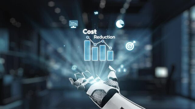 A futuristic robotic hand presents glowing icons related to cost reduction and data analytics, set in a modern business environment, showcasing innovation and technology. Auvana