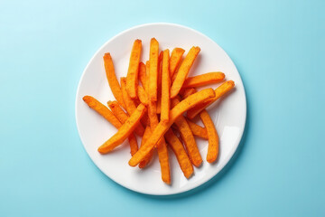 Delicious Sweet Potato Fries in Minimalist White Plate on Pastel Blue Background