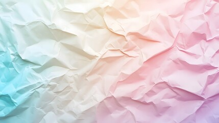 Fototapeta premium Photograph of paper texture, gradient from teal to pale pink, displaying intricate folds and wrinkles.