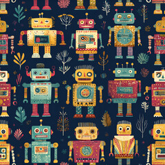 Fototapeta premium Colorful Robots Toys Art Illustration Digital Design Kids Background Playful Pattern Animated Characters Whimsical Nature Leaves Surreal Retro Cartoon Futuristic Maximalist Visuals Narratives
