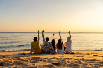 asian, beach, beer, beer bottle, celebrate, celebrating, celebration, cheerful, cheers, clinking,...