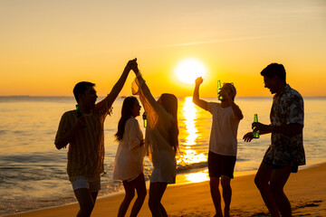 Happy Asian man and woman travel the sea on summer beach holiday vacation. Group of People friends...
