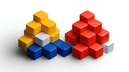 Colorful 3D blocks arranged in pyramid shapes on a white background