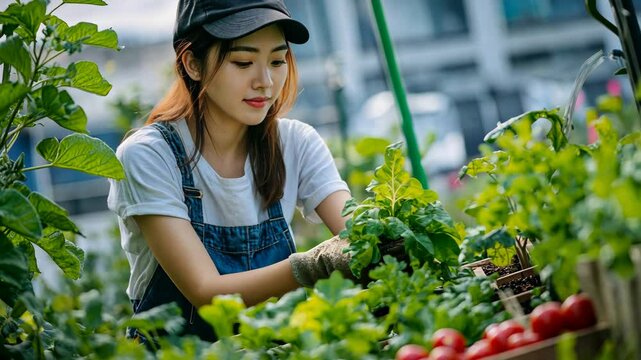 A woman is tending to a garden, pulling weeds and looking at a plant. The garden is full of various plants, including tomatoes and lettuce. The woman is wearing a hat and overalls